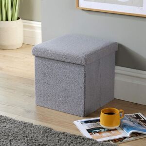 Home Source - Folding Ottoman Grey Boucle Teddy Bear Fabric Chest Solid Storage Square Box