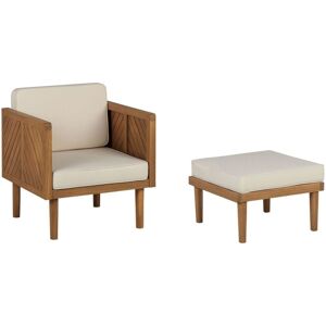 Beliani - Outdoor Indoor Acacia Wood Armchair with Ottoman Light Beige Cushions Baratti