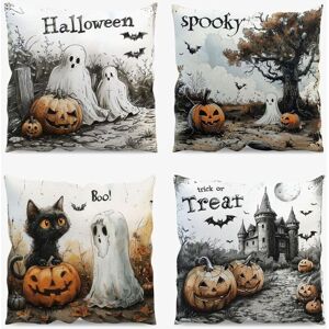 JALLERIA Halloween Cushion Covers Set of 4 45 x 45 cm Pumpkin Ghost Cat Bat Castle Trick or Treat Linen Throw Pillow Covers for Home Sofa Living Room Office