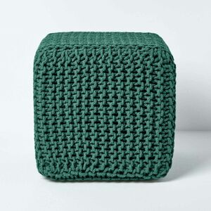 Forest Green Cube Cotton Knitted Pouffe Footstool - Homescapes