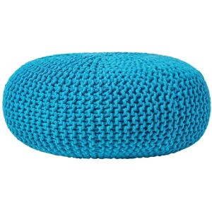 Teal Blue Large Round Cotton Knitted Pouffe Footstool - Homescapes