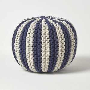 Navy and White Knitted Pouffe Striped Footstool 35 x 40 cm - Homescapes