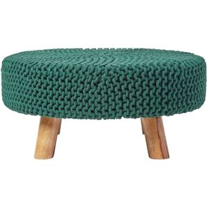 Forest Green Large Round Cotton Knitted Footstool on Legs - Homescapes