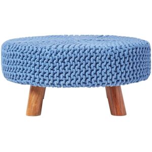 Blue Large Round Cotton Knitted Footstool on Legs - Homescapes
