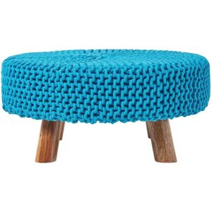 HOMESCAPES Teal Blue Large Round Cotton Knitted Footstool on Legs