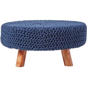 Navy Blue Large Round Cotton Knitted Footstool on Legs - Homescapes