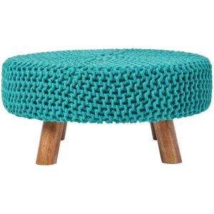Teal Green Large Round Cotton Knitted Footstool on Legs - Homescapes