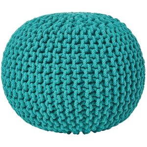 HOMESCAPES Teal Green Round Cotton Knitted Pouffe Footstool