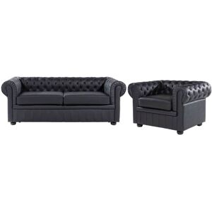 BELIANI Classic Chesterfield 3 Seater + Armchair Sofa Set Leather Black Chesterfield