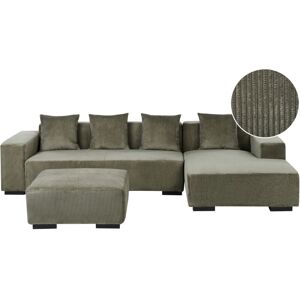 Beliani - Modern Jumbo Cord Corner Sofa with Ottoman Left Hand L-Shaped 4 Seater Corduroy Throw Pillows Green Lungo