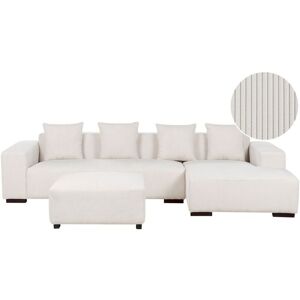 Beliani - Modern Jumbo Cord Corner Sofa with Ottoman Left Hand L-Shaped 4 Seater Corduroy Throw Pillows Off-White Lungo