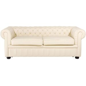 Beliani - Modern Leather Sofa 3 Seater Button Tufted Scroll Arms Light Beige Chesterfield