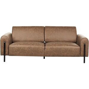 BELIANI Modern Living Room 3 Seater Sofa Settee Upholstered Fabric Leather Look Adjustable Backrest Finished Back Metal Legs Brown Askim