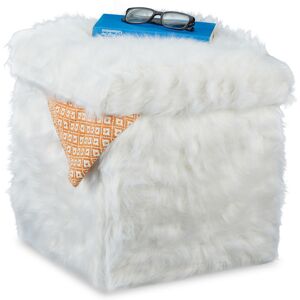 Faux Fur Cube Seat, Folding, Plush, Storage Ottoman, 40 l, Box HxWxD: 39 x 38 x 38 cm, White - Relaxdays