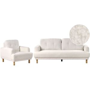BELIANI Retro Fabric 3 Seater Sofa Couch and Armchairs Living Room Set Upholstered Wooden Legs Boucle Thick Seat White Tuve