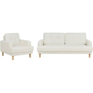 BELIANI Retro Fabric 3 Seater Sofa Couch and Armchairs Living Room Set Upholstered Wooden Legs Polyester Thick Seat Off-White Tuve