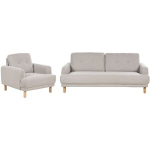 BELIANI Retro Fabric 3 Seater Sofa Couch and Armchairs Living Room Set Upholstered Wooden Legs Polyester Thick Seat Taupe Tuve