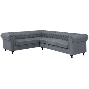 Beliani - Right Hand Corner Sofa L-Shaped Button Tufted 5 Seater Grey Fabric Chesterfield