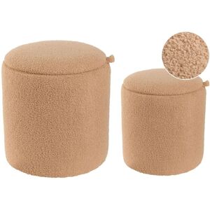 Beliani - Set of 2 Boucle Storage Pouffes Round Upholstered Ottomans Teddy Fabric Light Brown Berea