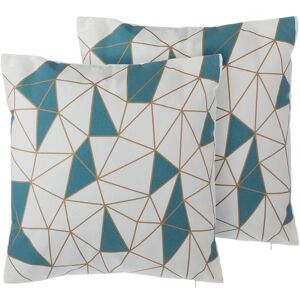 Beliani - Set of 2 Cotton Scatter Cushions White Blue Geometric Pattern 45 x 45 cm Clarkia
