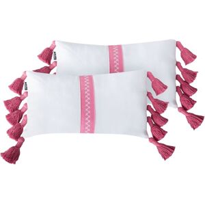 Beliani - Set of 2 Cotton Scatter Cushions Pillows Decorative Pink Tassels Rectangular 30 x 50 cm White and Pink Lovely