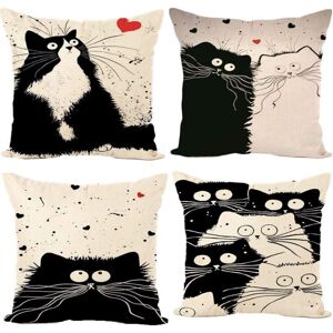 Csparkv - Set of 4 45 x 45 cm Cotton Linen Black and White Cat Printed Square Cushion Cover for Bed Car Home Sofa