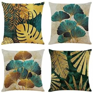 Jalleria - Set of 4 Cushion Covers 45x45 cm Square Green and Gold Leaves Linen Sofa Cushion Covers for Living Room Sofa Pillowcases