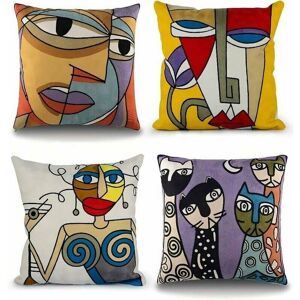 JALLERIA Set of 4 Picasso Cushion Cover 45x45cm Cotton Linen Embroidered Pillow Cases Sofa Decoration Scandinavian Living Room Bedroom Bed Office Armchair