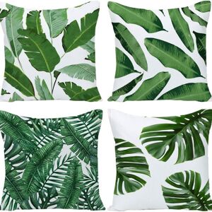 Sollbry - Set of 4 Cushion Covers 45 x 45 cm Leaves Tropical Green Polyester Linen Decorative Pillowcase for Sofa Beds Chairs Car Living Room Home