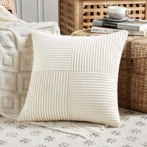 Ikodm - Ultra Soft Cream White Corduroy Cushion Covers 45 x 45 cm, Striped Patchwork Pattern, Set of 2