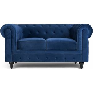Dewdat - Velvet Chesterfield Sofa- Blue. 2 Seater Settee, Soft Plush Fabric Couch. Living Room Furniture, Easy Clean. 2 Seater- 160cm x 90cm x 78cm