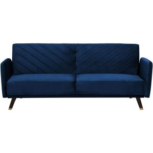 Beliani - Retro Velvet Fabric Sofa Bed 3 Seater Navy Blue Convertible Reclining Senja
