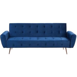 Beliani - Modern Velvet Sofa Bed Convertible Sleeper Tufted with Side Pocket Metal Copper Legs Blue Selnes