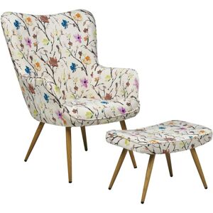 Beliani - Wingback Mid-Century Modern Upholstered Floral Armchair Ottoman Set Cream Vejle ii