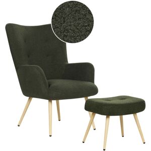 Beliani - Wingback Mid-Century Modern Boucle Upholstered Armchair Ottoman Set Dark Green Vejle ii