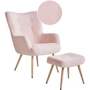 BELIANI Wingback Mid-Century Modern Boucle Upholstered Armchair Ottoman Set Pastel Pink Vejle ii