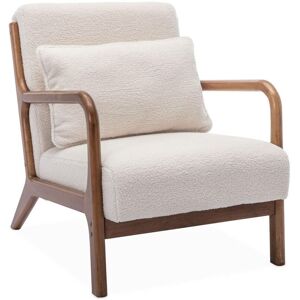 Sweeek - Scandi-style boucle wooden armchair with cushion, Lorens boucle, White, 65x80x79 cm Sweeek - Scandi-style boucle wooden armchair with cushion, Lorens boucle, White, 65x80x79 cm