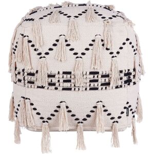 Beliani Pouffe - Cotton 50x50cm Beige with Black Tassels - Pouffe Beliani Pouffe - Cotton 50x50cm Beige with Black Tassels - Pouffe
