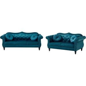 BELIANI Living Room Set Teal Velvet 2 Seater 3 Seater Nailhead Trim Button Tufted Throw Pillows Rolled Arms Glam SKIEN BELIANI Living Room Set Teal Velvet 2 Seater 3 Seater Nailhead Trim Button Tufted Throw Pillows Rolled Arms Glam SKIEN