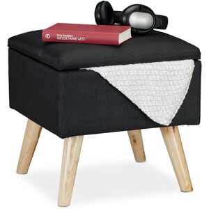 Storage Ottoman, Faux Linen Cover, Padded, Wooden Legs, Lidded Seat, hwd 40x40x40 cm, Black - Relaxdays Storage Ottoman, Faux Linen Cover, Padded, Wooden Legs, Lidded Seat, hwd 40x40x40 cm, Black - Relaxdays