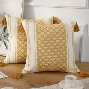 ANPVIZ Set of 2 Bohemian Style Knitted Cotton Decorative Throw Pillow Covers with Yellow and White Tassel, Modern Accent, Classic Farmhouse Jacquard Cushion ANPVIZ Set of 2 Bohemian Style Knitted Cotton Decorative Throw Pillow Covers with Yellow and White Tassel, Modern Accent, Classic Farmhouse Jacquard Cushion