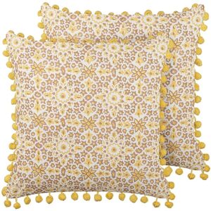 Beliani Yellow Cotton Floral Pattern Cushions - 45x45cm Set of 2 Beliani Yellow Cotton Floral Pattern Cushions - 45x45cm Set of 2