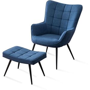More4homes - Vera Linen / Velvet Occasional Lounge Living Room Accent Chair Armchair Metal Legs Blue with Footstool - Blue More4homes - Vera Linen / Velvet Occasional Lounge Living Room Accent Chair Armchair Metal Legs Blue with Footstool - Blue