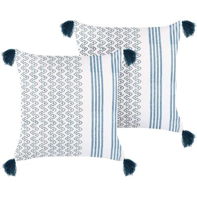 Beliani Cotton Cushions Set of 2 Geometric Blue - Cushions Beliani Cotton Cushions Set of 2 Geometric Blue - Cushions
