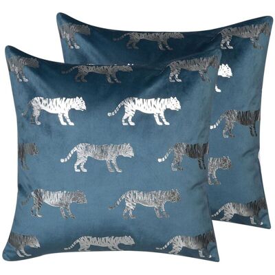 Beliani Set of 2 Decorative Cushions - Velvet Blue Tiger Beliani Set of 2 Decorative Cushions - Velvet Blue Tiger