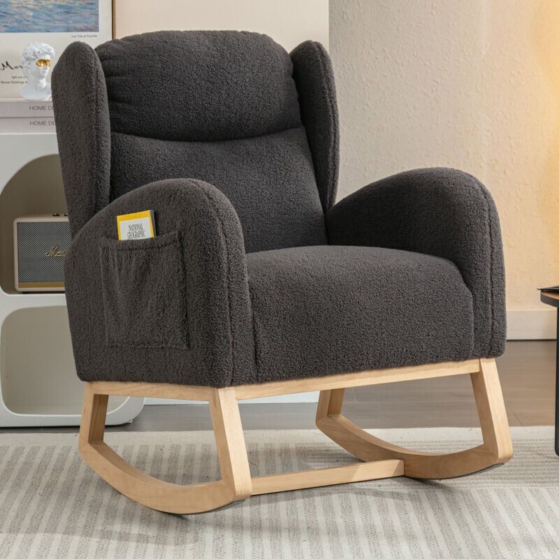 Abrihome - Modern Teddy Fabric Upholstered Rocking Chair Wingback Padded Seat For Living Room Bedroom, Grey