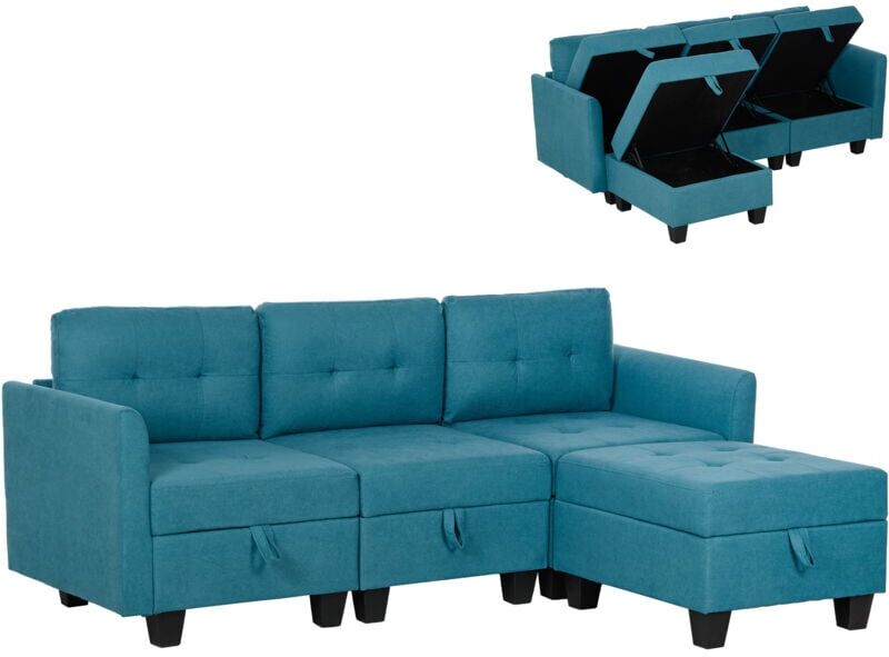 Homcom - Convertible Modular Sectional Sofa w/ Storage Wood Frame Light Blue