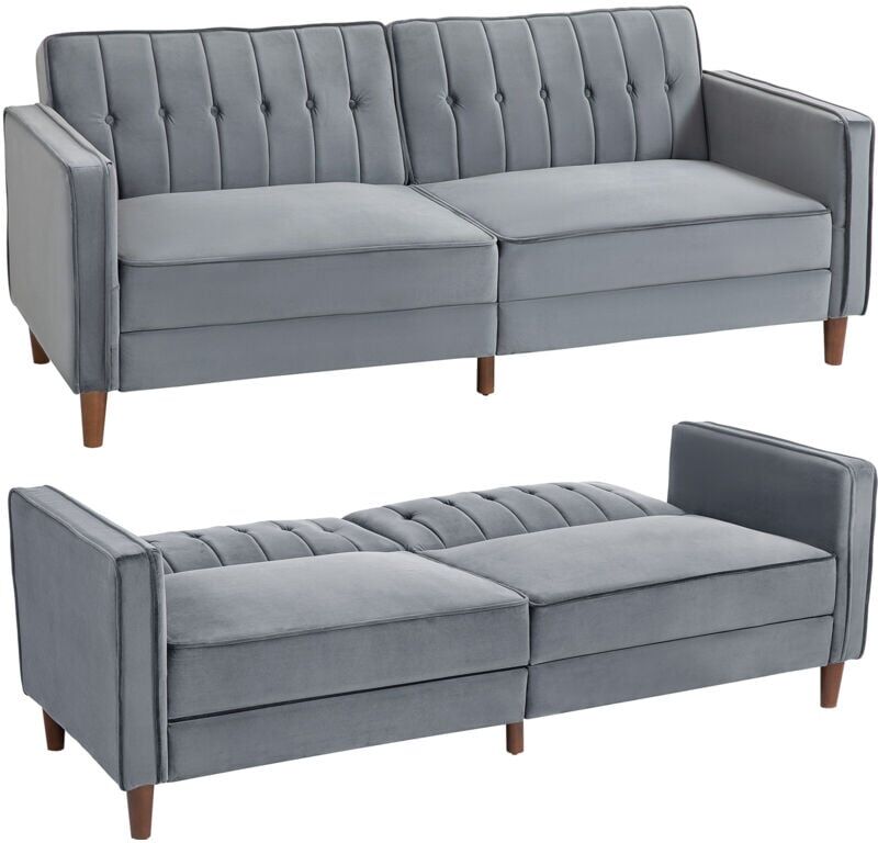 HOMCOM Convertible Sofa Futon Velvet-Touch Tufted Couch Sofa Bed Split Back Dark Grey