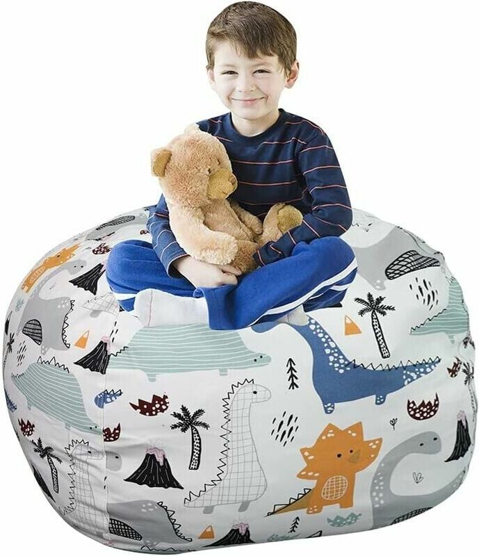 DEWDAT Kids Stuffed Animal Storage Bean Bag Chair Cover, Canvas Stripe Kids Toy Organizer Zipper Pouf (Dinosaur, 38)