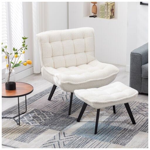 DEWDAT Modern Teddy Fabric Material Large Width Accent Chair Leisure Chair Armchair tv Chair Bedroom Chair With Ottoman Black Legs-Ivory Soft